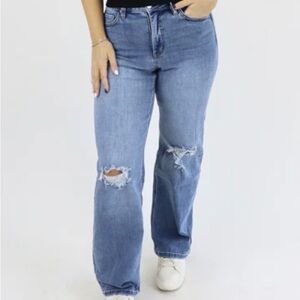 RFM Distressed Wide Leg Jeans Medium Wash